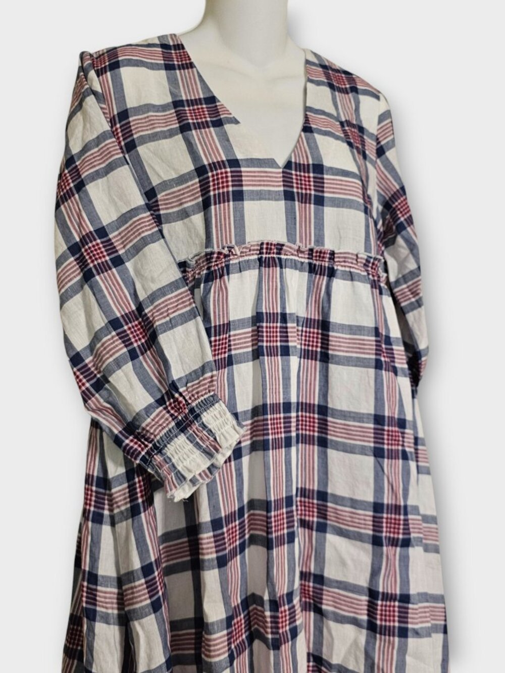NWT Zara Plaid Babydoll Mini Dress Women’s XS V Neck Blue Red White Lined Boho - Picture 8 of 13